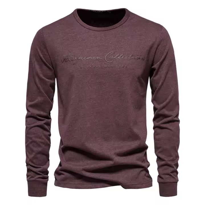 Camiseta de manga larga para hombre, camisa deportiva informal de Color sólido, cuello redondo, algodón puro, estampado de letras, camisa de fondo de manga larga - 1