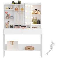 Tocador con Luces LED con Brillo Ajustable, Mesa de Maquillaje con Espejo, Espacioso, Estantes Ajustables, 2 Cajones, Mesa de Maquillaje, Blanco Nube - details 0