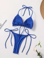 Conjunto De Bikini De Dos Piezas De Moda De Color Sólido, Con Cuello Halter, Triángulo Sin Espalda Y Lazos Laterales - details 5