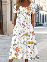 Vestido midi elegante con estampado floral para mujer, cintura alta, cuello redondo, línea a, Verano - details 1