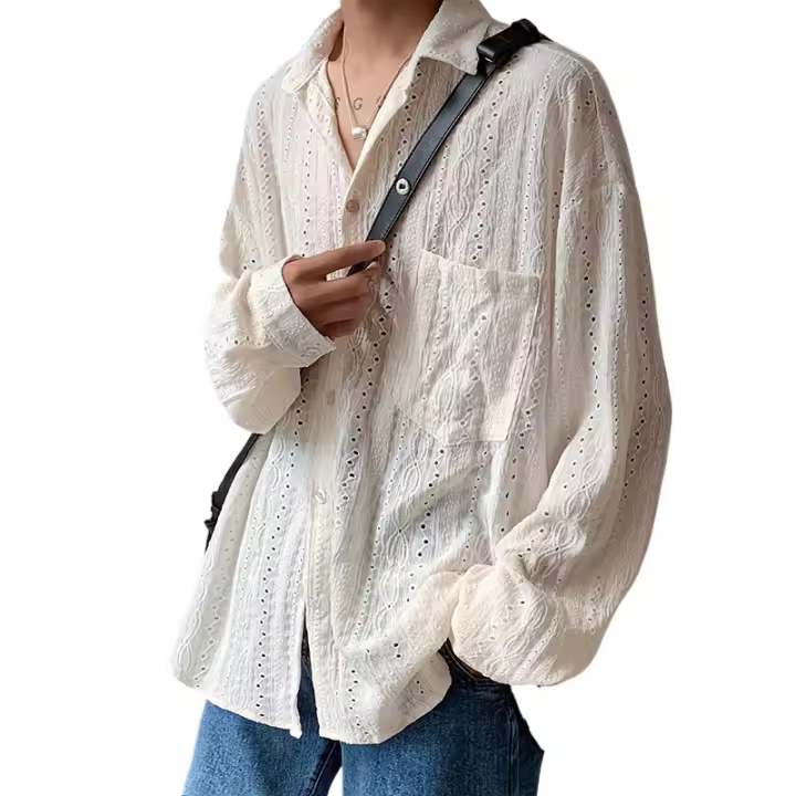 Camisas para hombres albaricoque guapo solapa hombres blusa vacaciones ahueca hacia fuera la moda Sexy hombres ropa masculina malla camisas de manga larga - 1