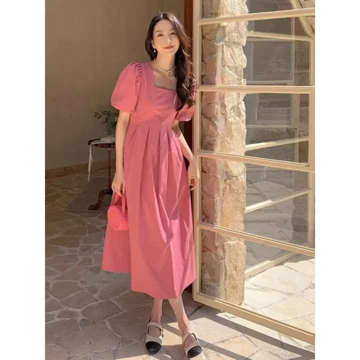 Vestido rosa elegante de verano a la moda con cuello cuadrado y manga abombada, Vestidos femeninos con volantes, vestido de fiesta de cintura alta de Corea, Vestidos para mujer - 1