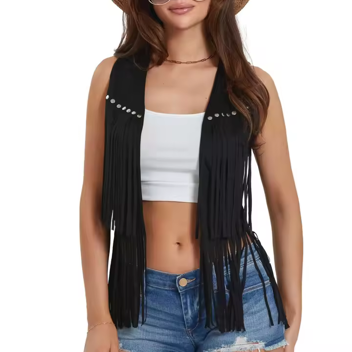 Chaqueta hippie para mujer, chaqueta ligera sin mangas con frente abierto de color sólido y bolsa de ropa sin tirantes - 1