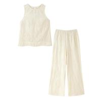 - Acogedora moda de verano bordada para mujer, top hueco sin mangas con cuello redondo + pantalones rectos con cordón, informal sólido - details 2
