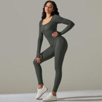 Ropa de una pieza con rosca, mono de Yoga sin costuras, Control de barriga, ropa de ejercicio de manga larga, elástico - details 4