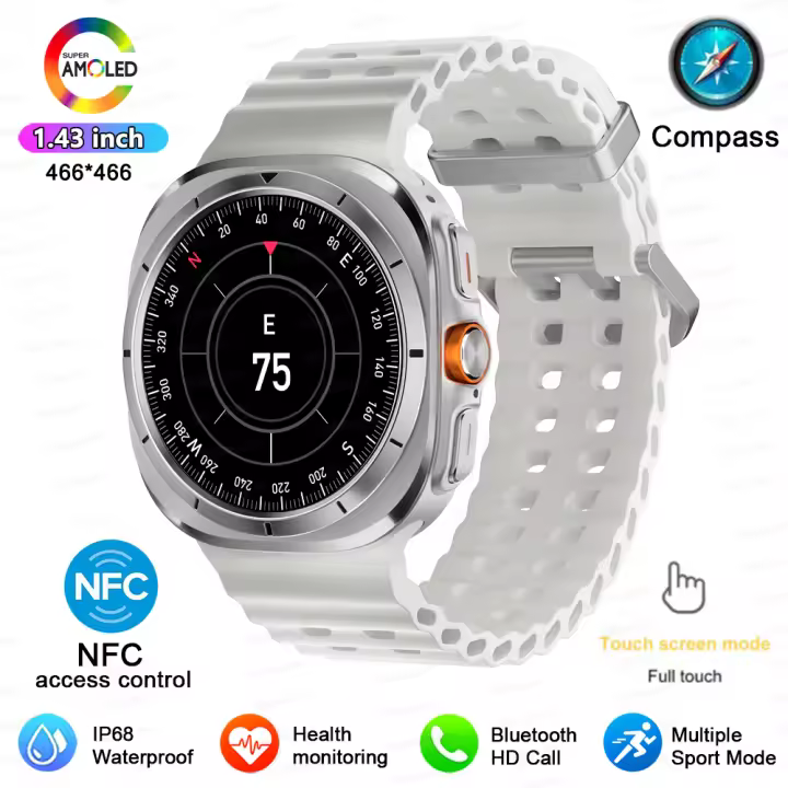 2025 Smart Men's Galaxy Watch 7 Ultra, pantalla AMOLED de 1,43 pulgadas, rastreador GPS, brújula, llamadas Bluetooth, reloj deportivo y de fitness resistente al agua, adecuado para iOS y Android, regalo para hombres - 1