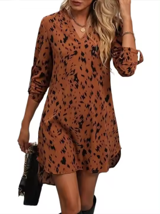 Vestido largo informal elegante con cuello en V con estampado de leopardo, moda primavera otoño para mujer - 1