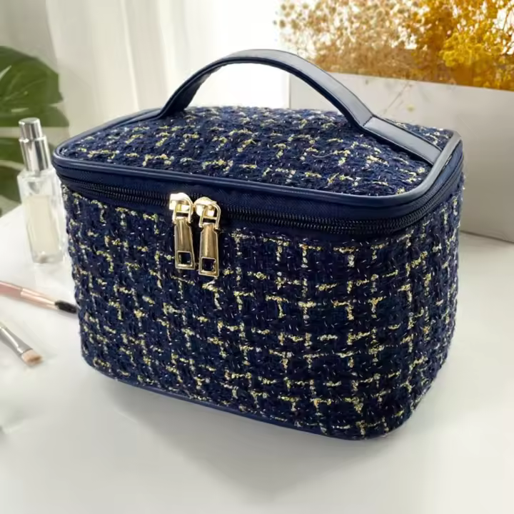 Neceser de viaje portátil para mujer, bolsa de maquillaje de gran capacidad, tejido - 1