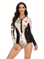 Traje de baño de una pieza con estampado floral de manga larga, traje de buceo y surf de corte alto con cremallera y estampado - details 1