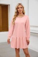 Color sólido mujer manga larga Mini cuello redondo vestido elástico grueso vestidos cortos para mujeres moda elegante Chic en venta liquidación X - details 20