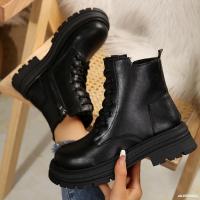 Botas de moto de cuero Pu para mujer, botas de tobillo cálidas con cordones de felpa, tacón plano beige negro, botas de algodón antideslizantes, invierno - details 10