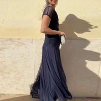 Elegante Vestido de Fiesta de Moda Manga Corta, Cuello O, Vestido Largo con Pliegues y Parches de Malla Ropa de Comodidad Casual para Mujeres - details 7