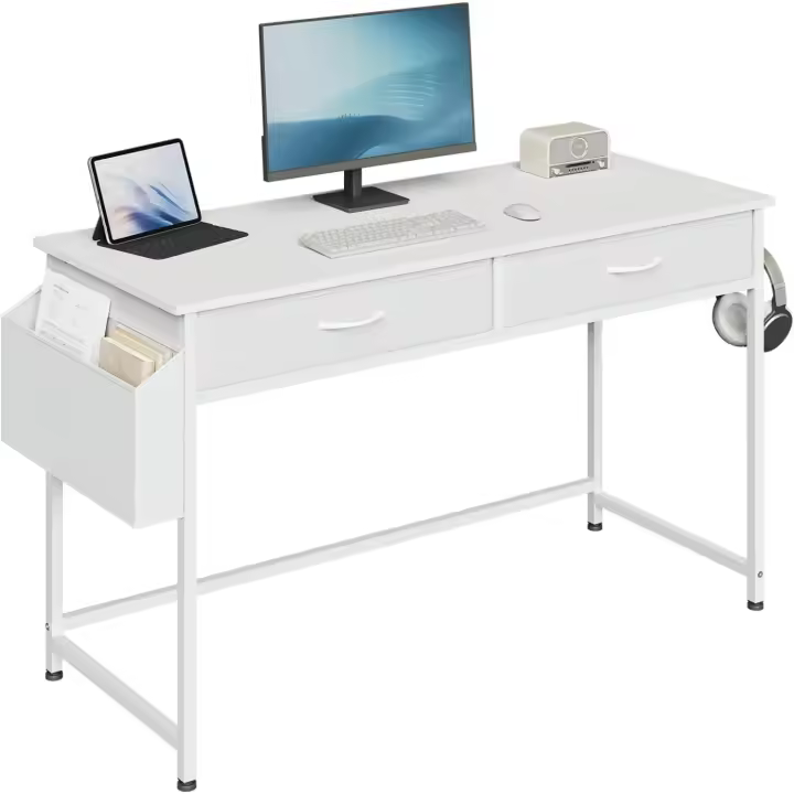 Escritorio con 2 Cajones, 120x50cm, Mesa de Ordenador con Bolsillo Lateral y Gancho, Escritorio Estudio Infantil, Estructura Metálica, Blanco - 1