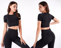 Conjunto deportivo de Yoga sin costuras para mujer, ropa de entrenamiento, Top corto de manga corta, Leggings de cintura alta, 2 piezas - details 1