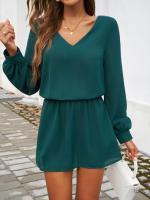 Minivestido informal de manga larga con cuello en V para mujer, color sólido, 2025 - details 10