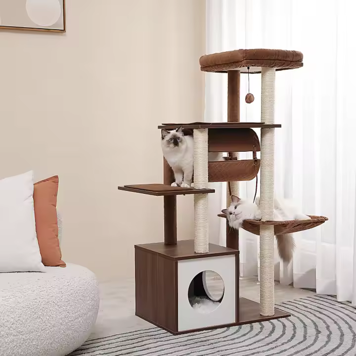 Muebles de madera modernos de la torre del gato, soporte del árbol del gato, 51,3 pulgadas con un túnel columpio de hamaca - 1