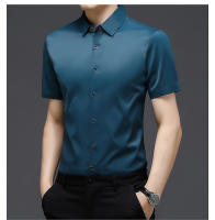 Camisa de verano de color sólido ajustada informal de negocios sin hierro camisa de manga corta ropa profesional para hombres - details 3