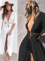 Chal largo de encaje con cordones para mujer, Bikini de Color sólido, traje de baño femenino, ropa de playa, 2024 - details 2