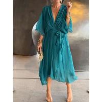 Vestido de verano para mujer, cuello en V, manga corta, plisado, Irregular, rojo, elegante, falda Midi negra para fiesta para mujer - details 11