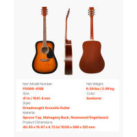 SucceBuy Guitarra acústica Dreadnought de 104,14 cm, diseño Sunburst de 6 cuerdas, tapa de abeto macizo, set para principiantes con funda para concierto, afinador, correa, cuerdas, púas, cejilla, diapasón de palisandro, adecuada para adultos altos - details 5