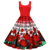 Women vintage spaghetti strap floral print high waist elegant sleeveless a-line party midi dress - details 55