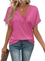 Tops de moda de color sólido con cuello en V, ropa popular coreana, camiseta holgada de manga corta de verano para mujer. - details 18