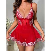 Camisón Corto Sexy con Escote en V Profundo Vestido Bordado Pijamas de Moda Tanga Gratis - details 2