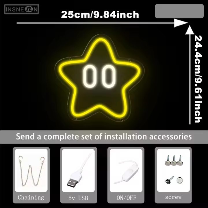 Luz de letrero de neón de estrella para sala de juegos, decoración de pared de fiesta, letrero de luz de neón Led alimentado por USB para niños y niñas, lámpara de decoración para habitación de niños, lámpara de mano - 1