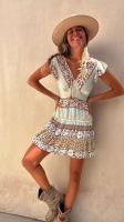 Vestido de estilo étnico, novedad de verano, jersey con cuello en V, mangas voladoras estampadas, Falda corta ceñida con cintura A-e para mujer - details 2