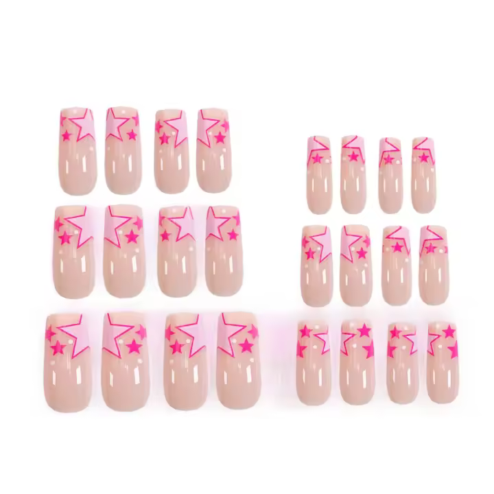 Uñas postizas desnudas con estampado de estrellas rosas, material seguro de larga duración, impermeable, salón de uñas para mujeres y niñas - 1