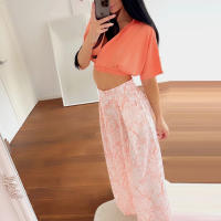 Conjunto casual de 2 piezas para mujeres, elegante, con cuello en V, blusas de manga corta y pantalones anchos estampados - details 5