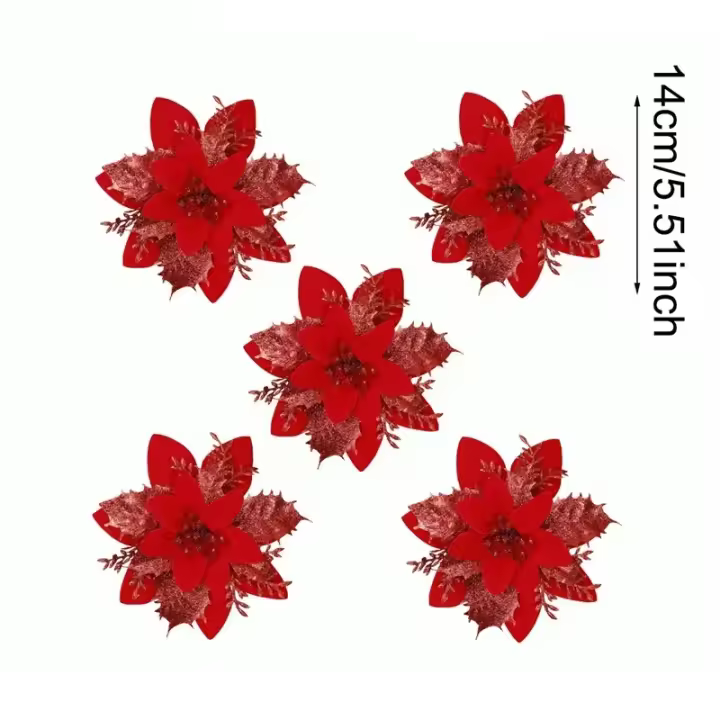 Flores Navideñas Brillantes 5Pcs Decoración de Árbol de Navidad para Hogar Regalos de Noel 2024 - 1