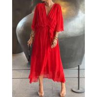 Vestido de verano para mujer, cuello en V, manga corta, plisado, Irregular, rojo, elegante, falda Midi negra para fiesta para mujer - details 3
