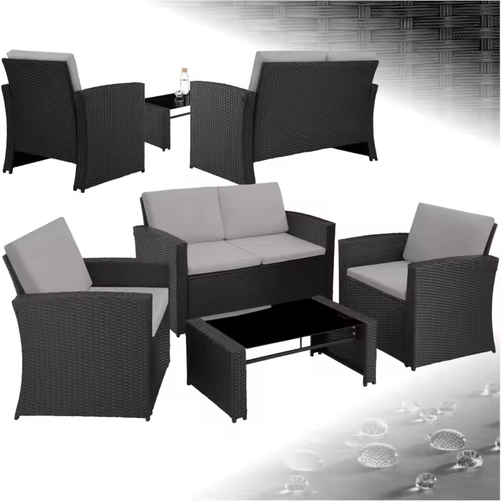Jardín de Ratán y Acero, Muebles de Jardín Exterior, 2 Sillones 1 Sofá 1 Mesa con Cristal, Conjunto Terraza Resistente a la Intemperie, con Cojines, Fundas - 1