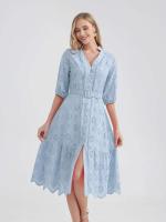 Marwin-Vestido de algodón con agujeros para mujer, Vestido informal de cintura alta con volantes y cuello en V, con volantes - details 7