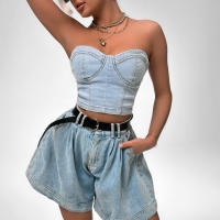 Spice girl pecho top conjunto de las mujeres de gama alta casual moda denim pecho envoltura tubo superior cintura alta suelta pantalones cortos - details 11