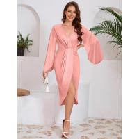 Vestido de noche para mujer con abertura, manga larga, cuello en V, color sólido, 2025 - details 3