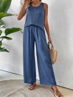 Chaleco informal de dos piezas con encaje calado de Color sólido para primavera y verano para mujer, pantalones largos de pierna ancha - details 2