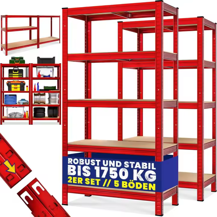 2x Estanterías Metálicas 180x90x40cm 875kg Rojas Estantería para Cargas Pesadas 5 Estantes Taller - 1