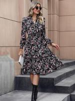 Vestidos de manga larga para mujer, vestido de cintura femenina, flor floral, una pieza, Haruku - details 1