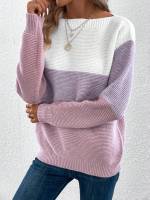 Elegant Three-color Patchwork Sweater Women Daily Commuter Casual Loose Jumpers Female Autumn Winter Knitted Thickened Warm Tops - details 2
