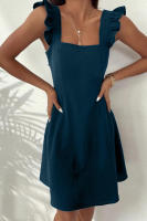 Vestido corto con cuello cuadrado y tirantes para mujer, traje de verano, Color liso, espalda descubierta - details 25
