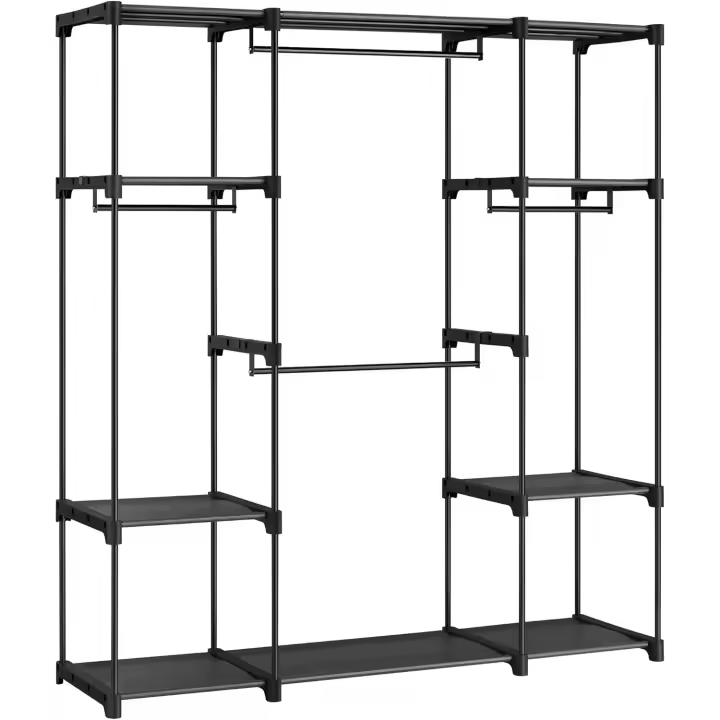 Armario de Ropa, Perchero, Burro Ropa, 43 x 151 x 166 cm, 4 Secciones para Colgar, con Compartimentos, Gran Capacidad, para Dormitorio, Salón, Lavandería, Negro RYG036B02 - 1