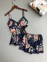 Ropa de seda satinada para mujer, bata Ence Home, alfombrilla para el pecho, pijama, rosa, blanco, 3 piezas - details 4