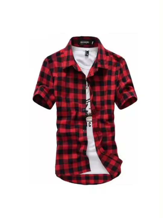 Nueva Moda de Verano 2024 Camisa A Cuadros para Hombres Estilo Rojo Y Negro Manga Corta - 1