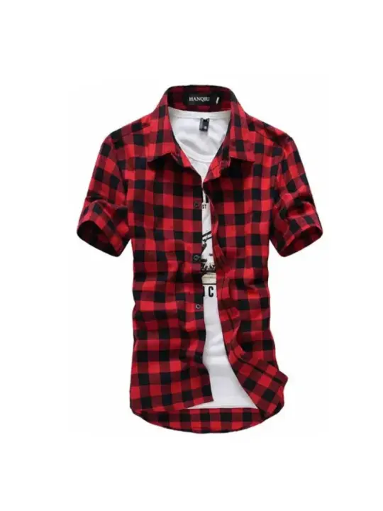 Nueva Moda de Verano 2024 Camisa A Cuadros para Hombres Estilo Rojo Y Negro Manga Corta - 1