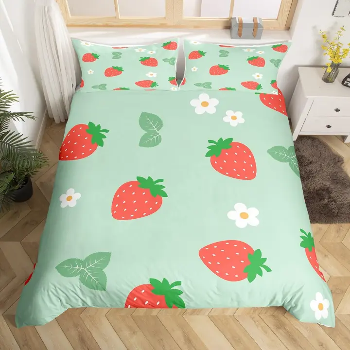 Juego de Cubierta de Edredón de Fresa 3PCS Polyester Diseño de Anime Kawaii Comodidad para Cama - 1