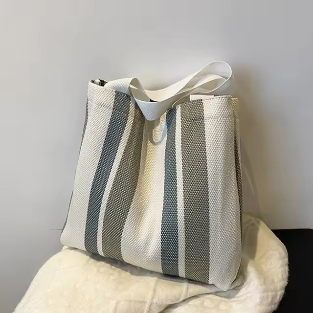 Bolso Retro Simple, pequeños bolsos de lona a rayas frescas para mujer, bolso de hombro informal de gran capacidad para literatura y arte para mujer - 1