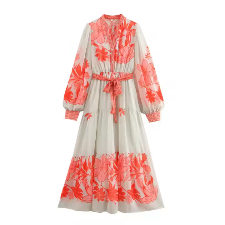 Vestido de manga larga usado con estampado de organza estilo europeo y americano para mujer - 1