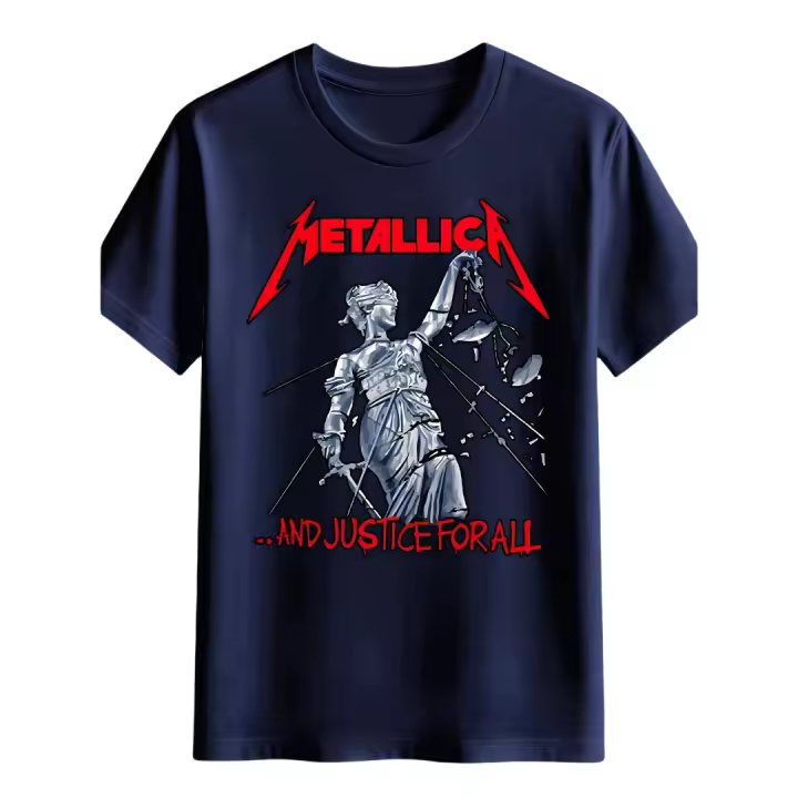 Camiseta Gráfica de Banda Rock Retro Diseño "Justicia para Todos" Cuello Redondo de Poliéster Negro - 1